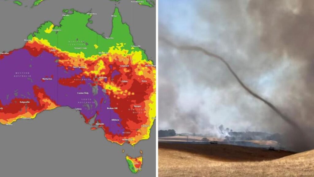 Wild moment ‘fire devil’ appears as state braces for heatwave, bushfires