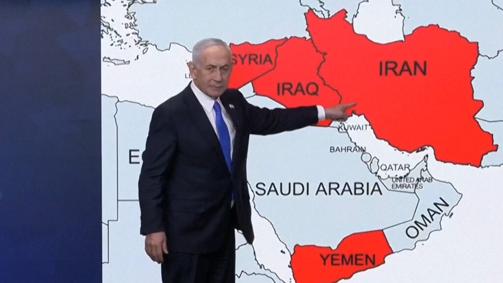 Netanyahu next to Middle East map: ‘We strangled them and have more to do’ | Benjamin Netanyahu