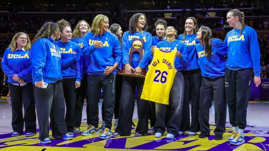Jimmy Kimmel gives UCLA women’s basketball champs fake trophy to hand to Trump