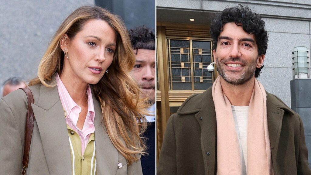 Blake Lively seeks tens of millions from Justin Baldoni after settlement Split-image of two adults outdoors: on the left a woman with long blonde hair in a beige blazer and pink blouse; on the right a man with dark curly hair and stubble wearing an olive coat and a light pink scarf, smiling.