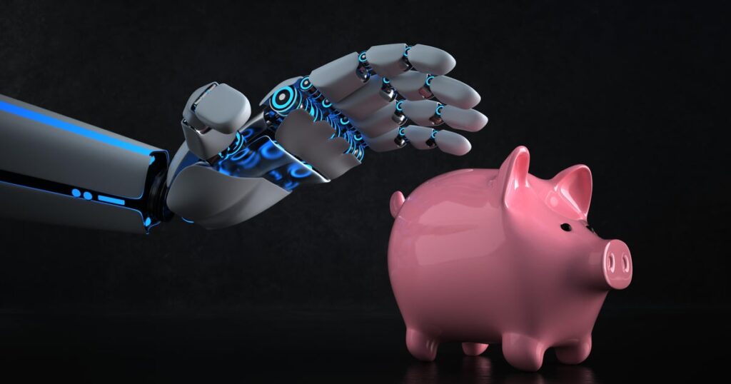 Robotic hand reaching toward a pink piggy bank, illustrating tech-powered savings.