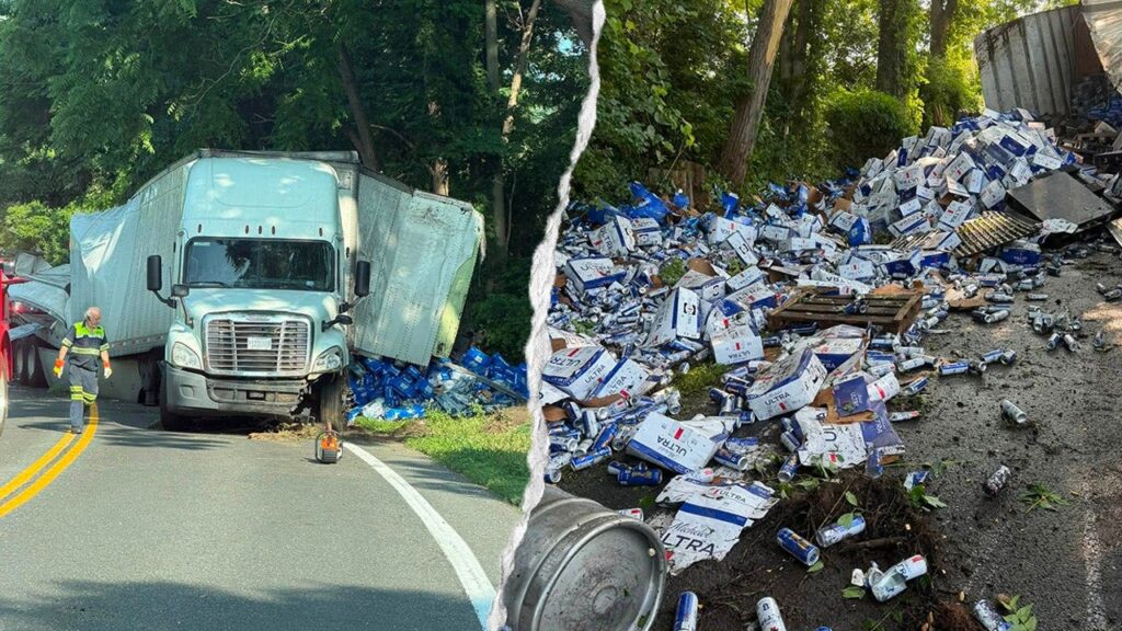 Bud Light and Michelob Ultra cans spill on Route 44 in Salisbury, CT