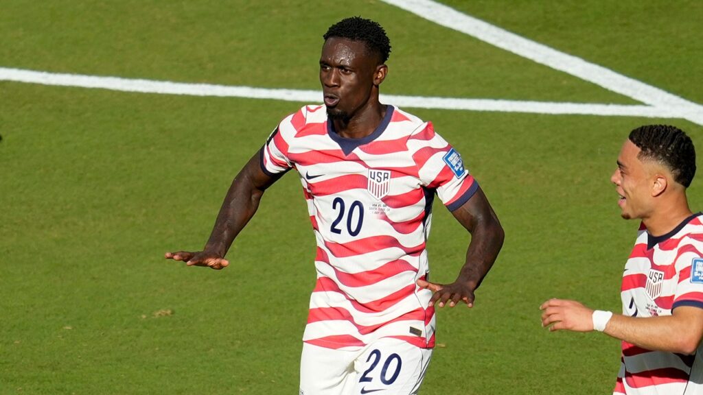 Folarin Balogun scores, celebrates with LeBron James silencer move