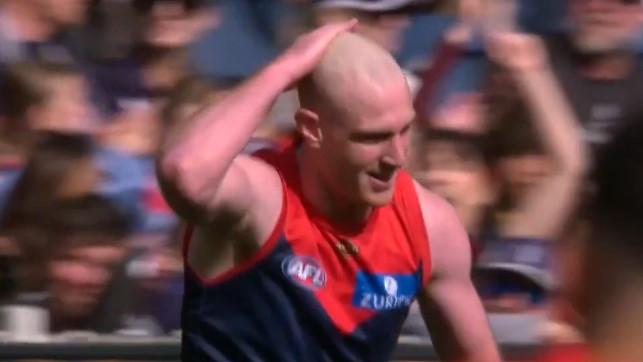 Melbourne forward Harrison Petty celebrates goal with head rub in nod to incident with Fremantle’s Pat Voss