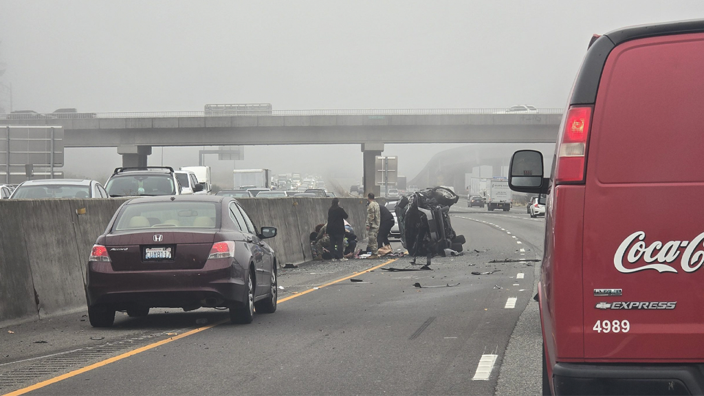 Soldiers disarm woman who allegedly stabbed young girl after freeway rollover